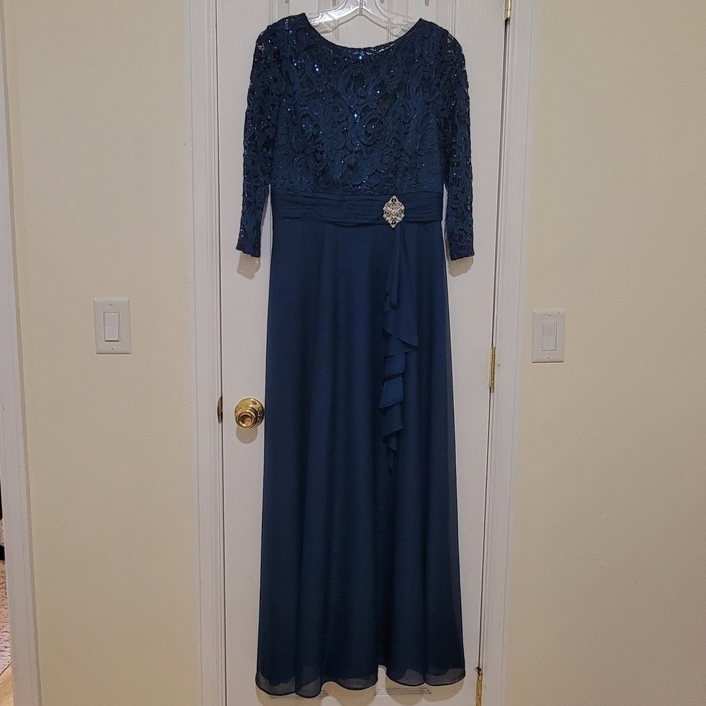 Jackie Jon New York Teal Blue Lace Sequin Evening Gown Dress 8 Formal MOTB